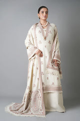 BAREEZE-3PC KARANDI EMBROIDERED SHIRT WITH KARANDI EMBROIDERED SHAWL AND KARANDI TROUSER-ADR-5254