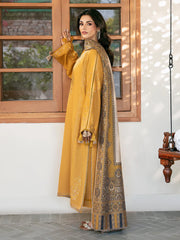 IZEL-3PC DHANAK EMBROIDERED SHIRT WITH COURTRAI PRINTED SHAWL & TROUSER-ADR-4372