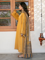 IZEL-3PC DHANAK EMBROIDERED SHIRT WITH COURTRAI PRINTED SHAWL & TROUSER-ADR-4372