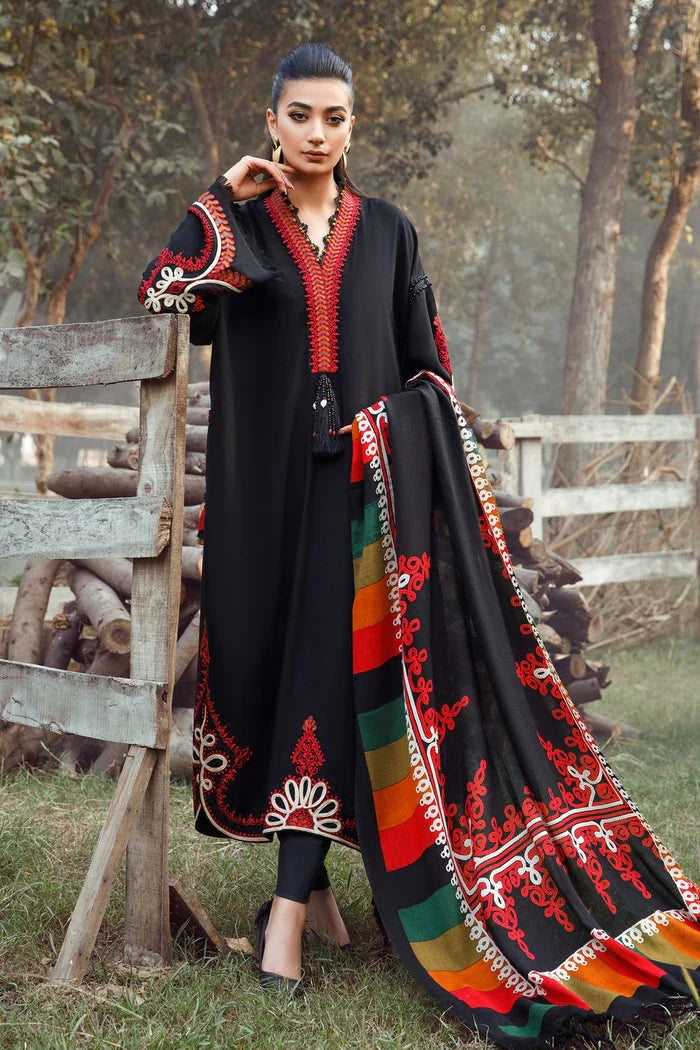 MARIA B -3PC KHADAR HEAVY EMBROIDERED WITH COUTURE PRINT SHAWL -ADR-BLACK