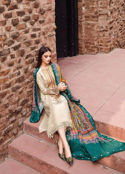 MARIA.B-3PC DHANAK EMBROIDERED SHIRT WITH COUTRAI PRINTED SHAWL AND TROUSER-ADR-4030