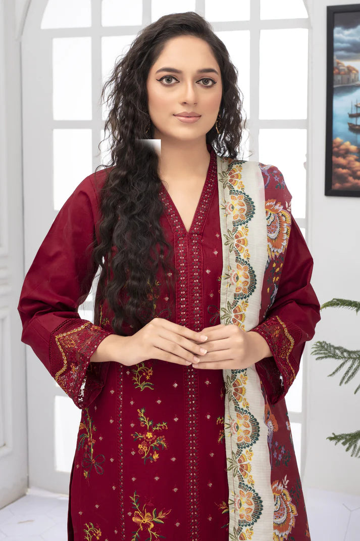 ADR -WINTER COTTON 3PC EMBROIDERED SHIRT WITH DORIA PRINTED SHAWL-ADR-2004