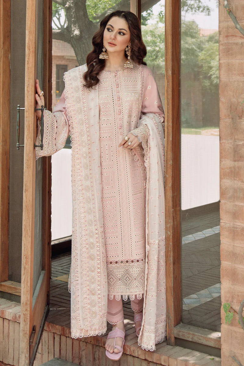 JAZMIN-3PC LAWN CHIKANKARI EMBROIDERED SHIRT WITH KHADDI NET EMB DUPATTA AND TROUSER -ADR-4552