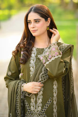 LIBAAS-3PC KARANDI EMBROIDERED SHIRT WITH KARANDI EMBROIDERED SHAWL & EMB TROUSER-ADR-4298