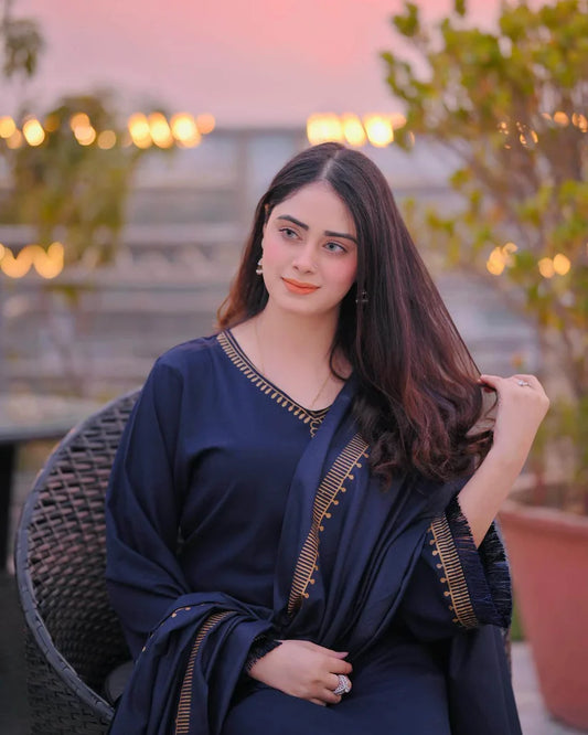 AISLING - 3PC DHANAK EMBROIDERED SHIRT WITH TWILL PRINTED SHAWL AND TROUSER-ADR-3182