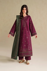 IZNIK-3PC DHANAK EMBROIDERED SHIRT WITH DHANAK EMBROIDERED SHAWL AND TROUSER-ADR-5145