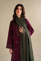 IZNIK-3PC DHANAK EMBROIDERED SHIRT WITH DHANAK EMBROIDERED SHAWL AND TROUSER-ADR-5145