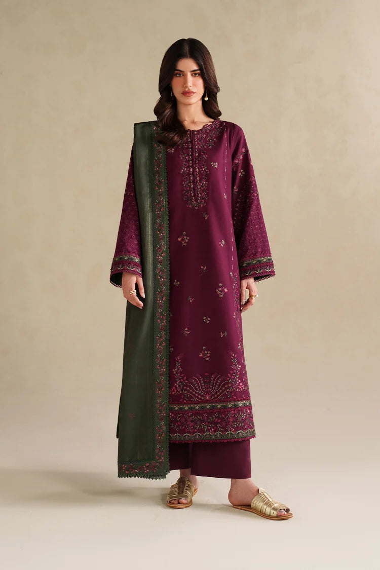 IZNIK-3PC DHANAK EMBROIDERED SHIRT WITH DHANAK EMBROIDERED SHAWL AND TROUSER-ADR-5145