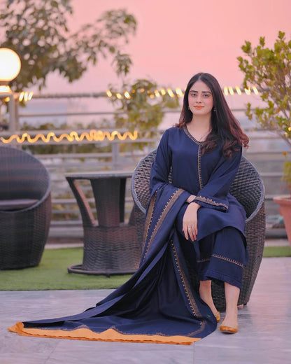 AISLING - 3PC DHANAK EMBROIDERED SHIRT WITH TWILL PRINTED SHAWL AND TROUSER-ADR-3182