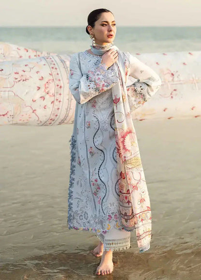 QALAMQAR - 3PC LAWN EMBROIDERED SHIRT WITH MONARK PRINTED DUPATTA AND TROUSER-ADR-3663