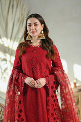 QALAMQAR-3PC LAWN CHIKAANKARI EMBROIDERED SHIRT WITH CHIFFON PRINTED EMB DUPATTA AND TROUSER-ADR-4665