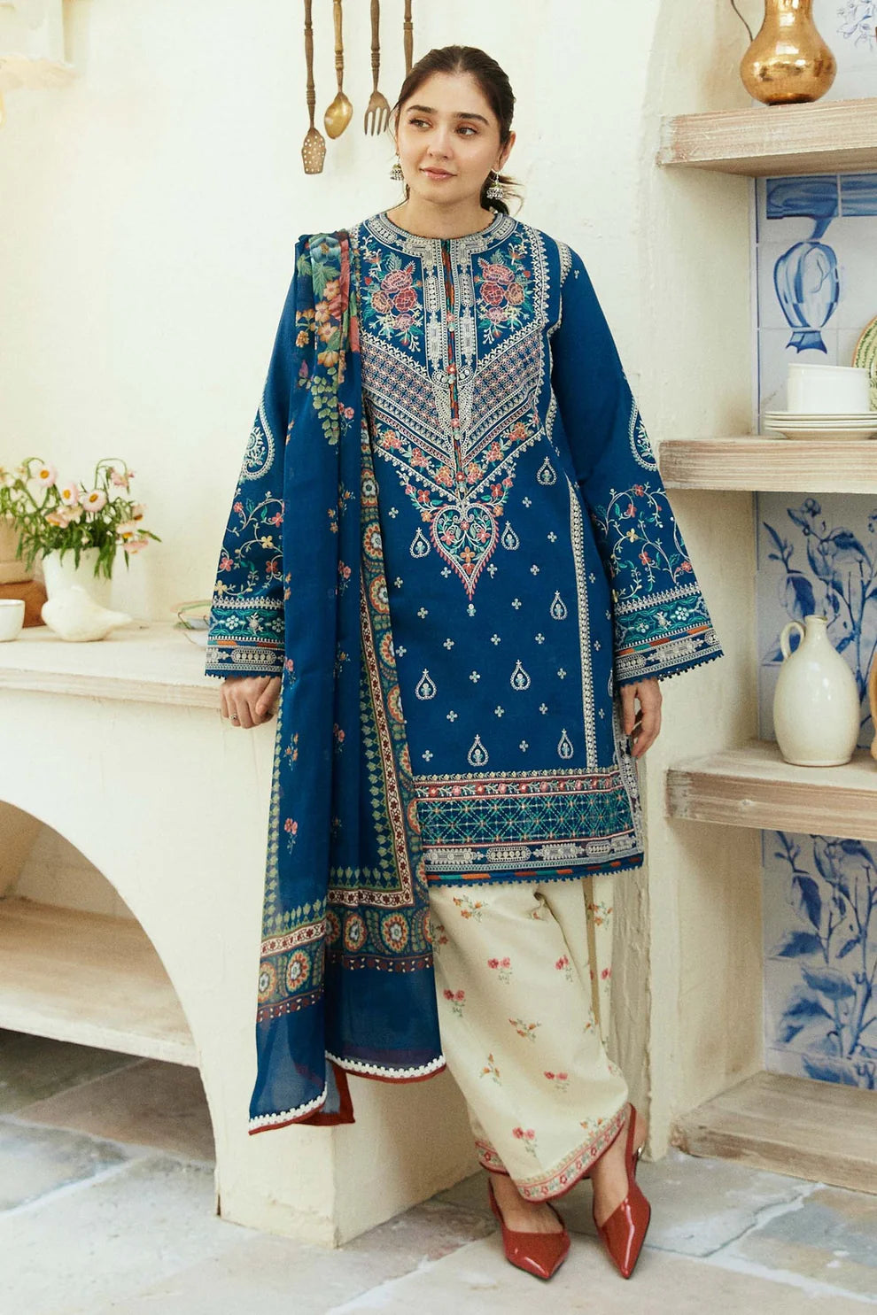 ZAHRA SHAHJAHAN- 3PC DHANAK EMBROIDERED SHIRT WITH WOOL PRINT SHAWL-ADR-3189