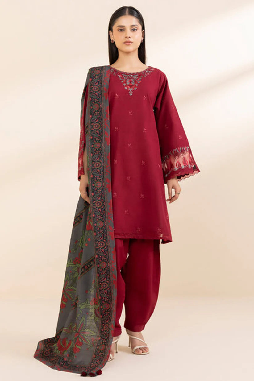 SAPPHIRE-3PC KHADAR EMBROIDERED SHIRT WITH WOOL PRINT SHAWL & TROUSER-ADR-3394