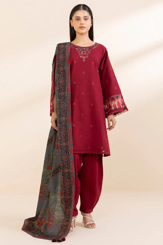 SAPPHIRE-3PC KHADAR EMBROIDERED SHIRT WITH WOOL PRINT SHAWL & TROUSER-ADR-3394