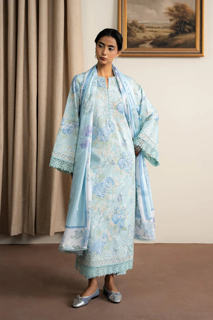 AYZEL-3PC LAWN PRINTED EMB SHIRT WITH SILK PRINTED DUPATTA AND PRINTED TROUSER-ADR-043