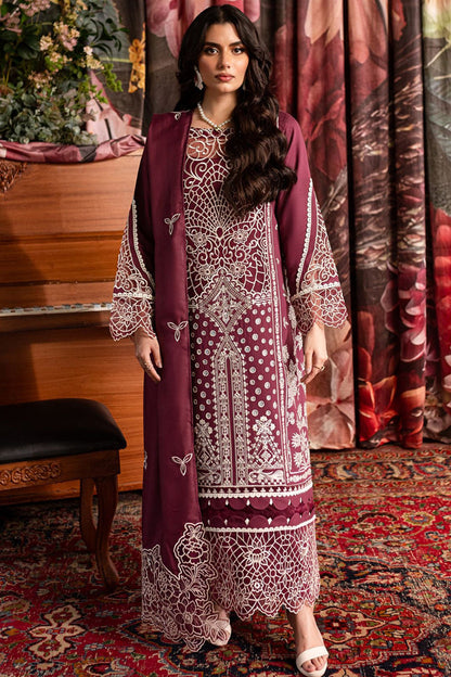 QALAMQAR-3PC CHIKANKAARI LAWN CUTWORK EMBROIDERED SHIRT WITH LAWN EMBROIDERED CUTWORK DUPATTA AND TROUSER-ADR-3642