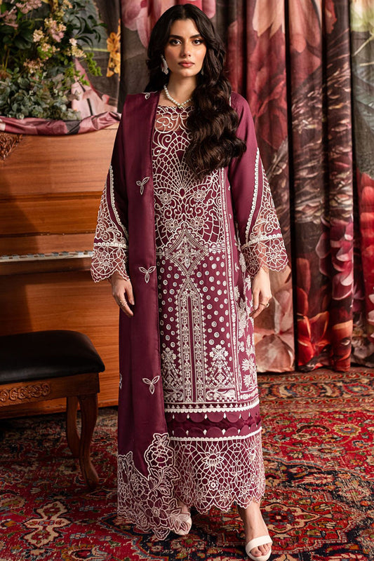 QALAMQAR-3PC CHIKANKAARI LAWN CUTWORK EMBROIDERED SHIRT WITH LAWN EMBROIDERED CUTWORK DUPATTA AND TROUSER-ADR-3642