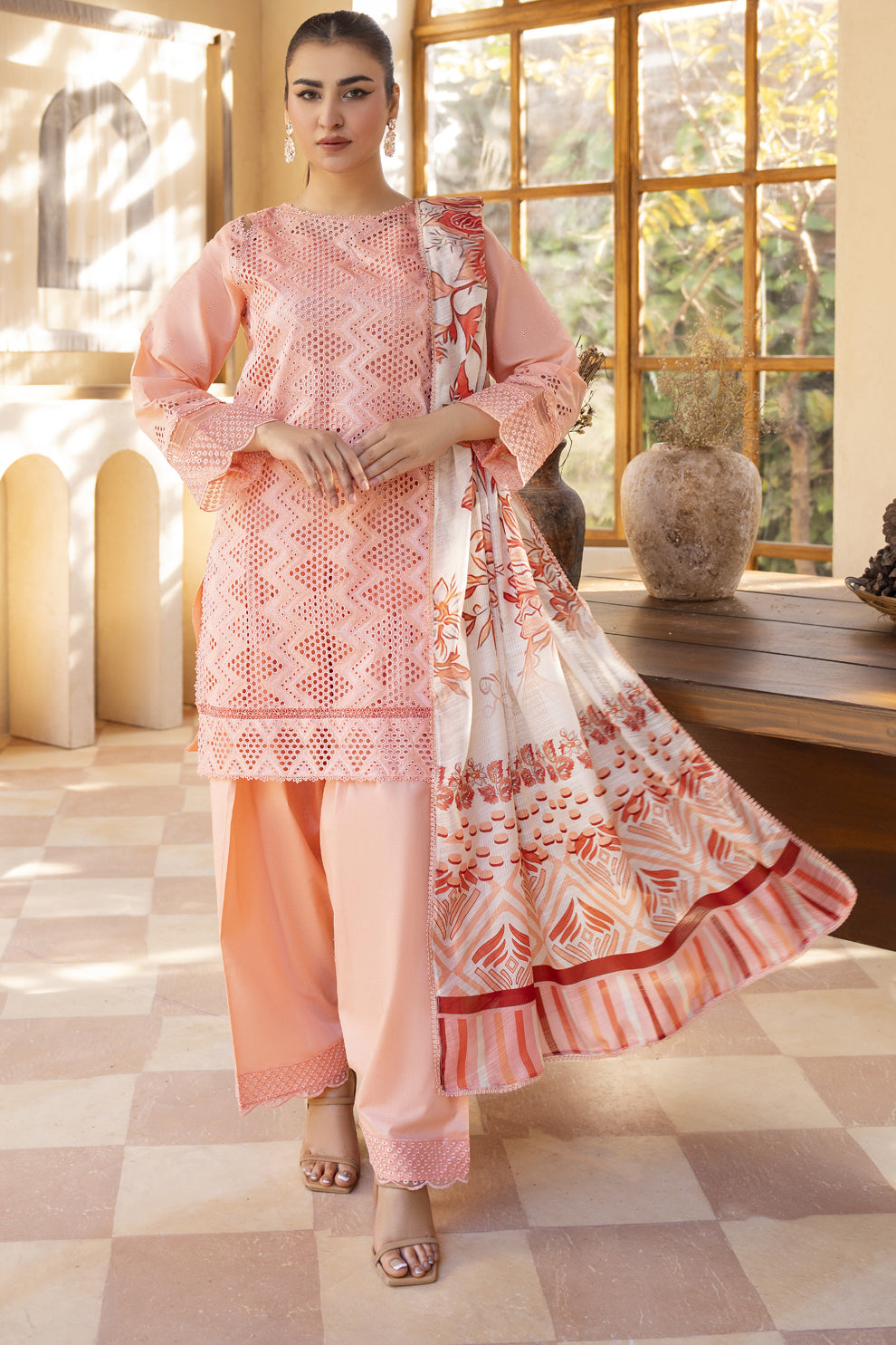 MIRAKHI-3PC LAWN LASERCUT EMBROIDERED SHIRT WITH MOARK PRINT DUPATTA-ADR-VOL-3