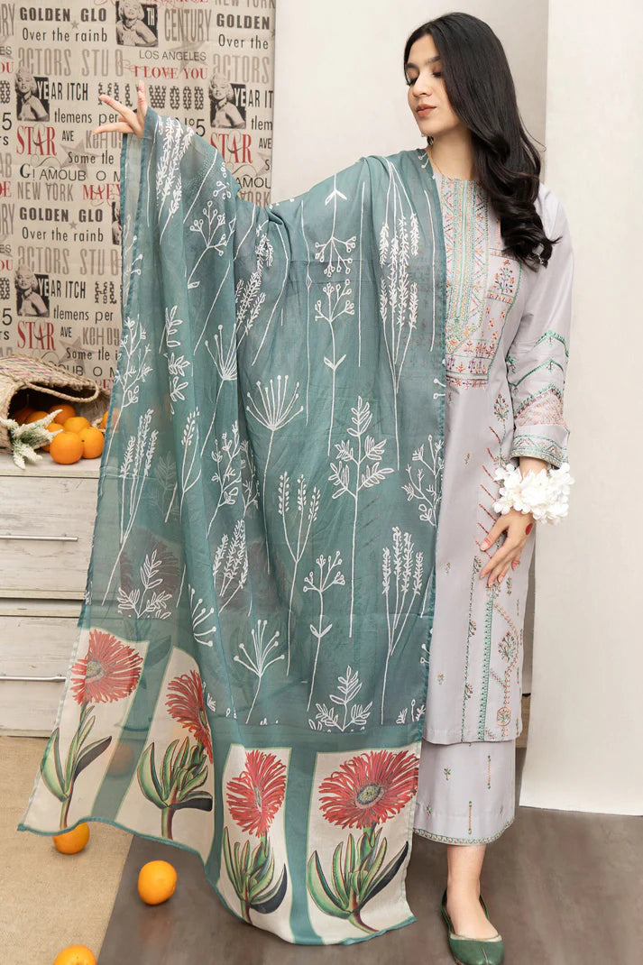 URGE - 3PC LAWN EMBROIDERED SHIRT WITH DIAMOND PRINTED DUPATTA AND EMB TROUSER-ADR-2802