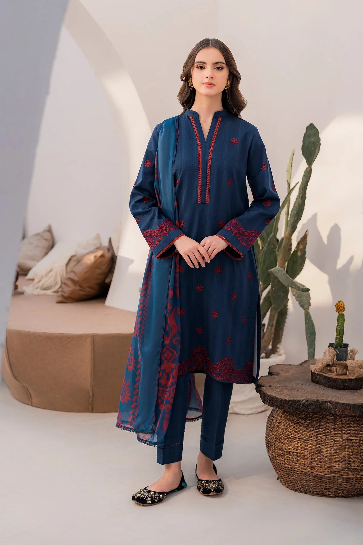 JAZMIN- 3PC DHANAK EMBROIDERED SHIRT WITH WOOL PRINT SHAWL-ADR-3225