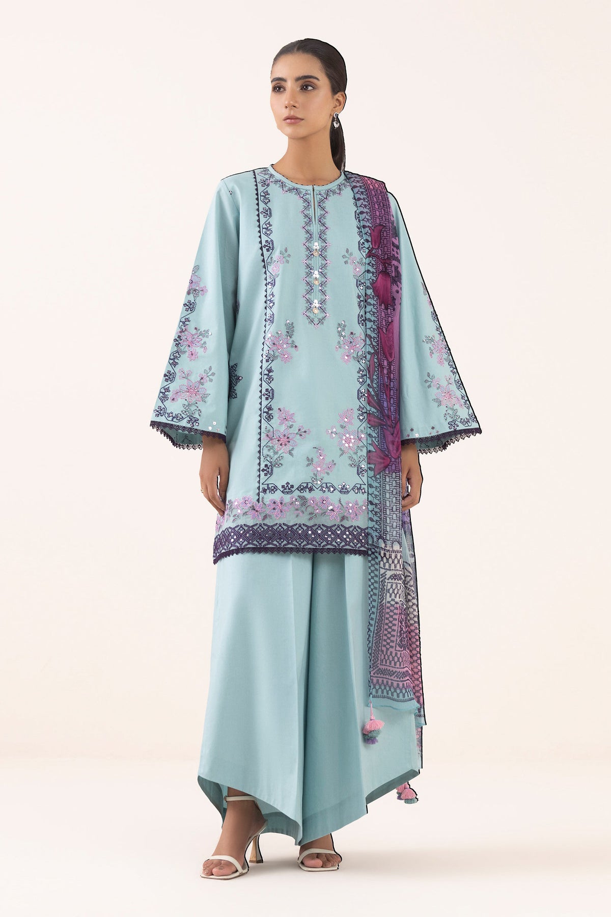 SAPPHIRE-3PC DHANAK EMBROIDERED SHIRT WITH COURTRAI PRINTED SHAWL AND TROUSER-ADR-4294