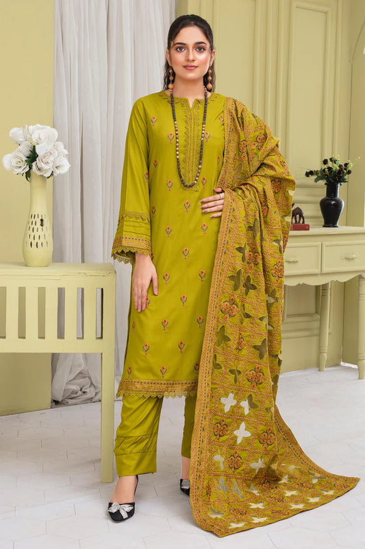 ADR-3PC DHANAK EMBROIDERED SHIRT WITH HEAVY CUTWORK EMBROIDERED DHANAK SHAWL AND TROUSER-ADR -1505