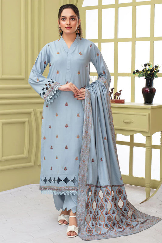 ADR-3PC DHANAK EMBROIDERED SHIRT WITH HEAVY CUTWORK EMBROIDERED DHANAK SHAWL AND TROUSER-ADR -1506
