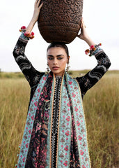 HUSSAIN REHAR-3PC KARANDI EMBROIDERED SHIRT WITH COUTRAI PRINTED SHAWL AND EMB TROUSER-ADR-5220