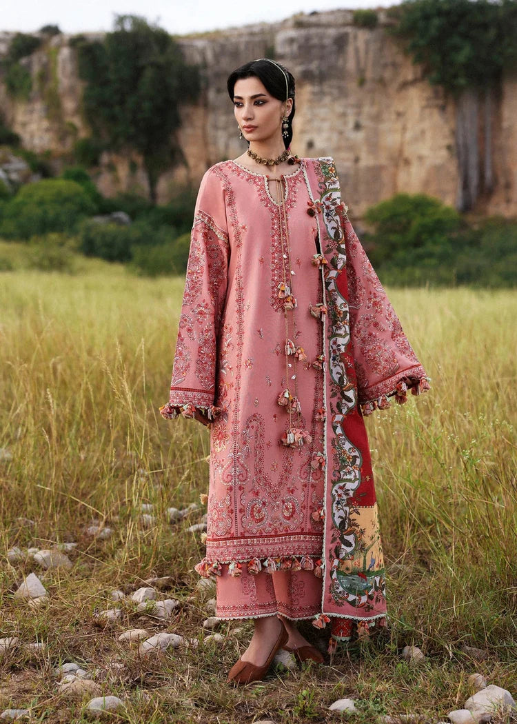 HUSSAIN REHAR-3PC DHANAK EMBROIDERED SHIRT WITH WOOL PRINT SHAWL AND EMB TROUSER -ADR-5160