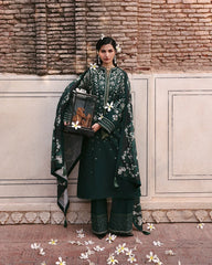 HUSSAIN REHAR-3PC DHANAK EMBROIDERED SHIRT WITH COUTRAI PRINTED SHAWL AND EMB TROUSER-ADR-5273