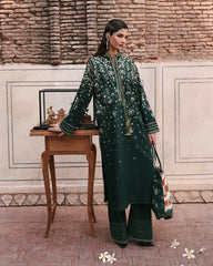 HUSSAIN REHAR-3PC DHANAK EMBROIDERED SHIRT WITH COUTRAI PRINTED SHAWL AND EMB TROUSER-ADR-5273