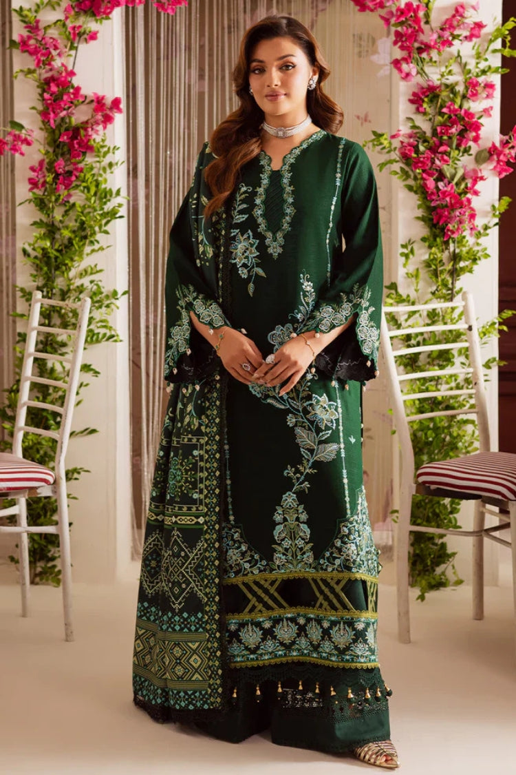 MAHNUR-3PC DHANAK EMBROIDERED SHIRT WITH COURTRAI PRINTED SHAWL & TROUSER-ADR-4327