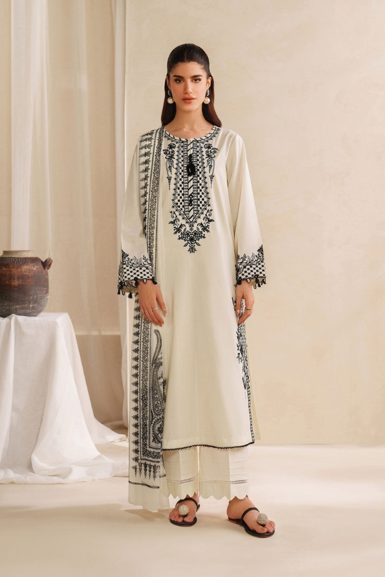 GARNET-3PC KHADDAR EMBROIDERED SHIRT WITH COURTRAI PRINTED SHAWL AND TROUSER-ADR-4307