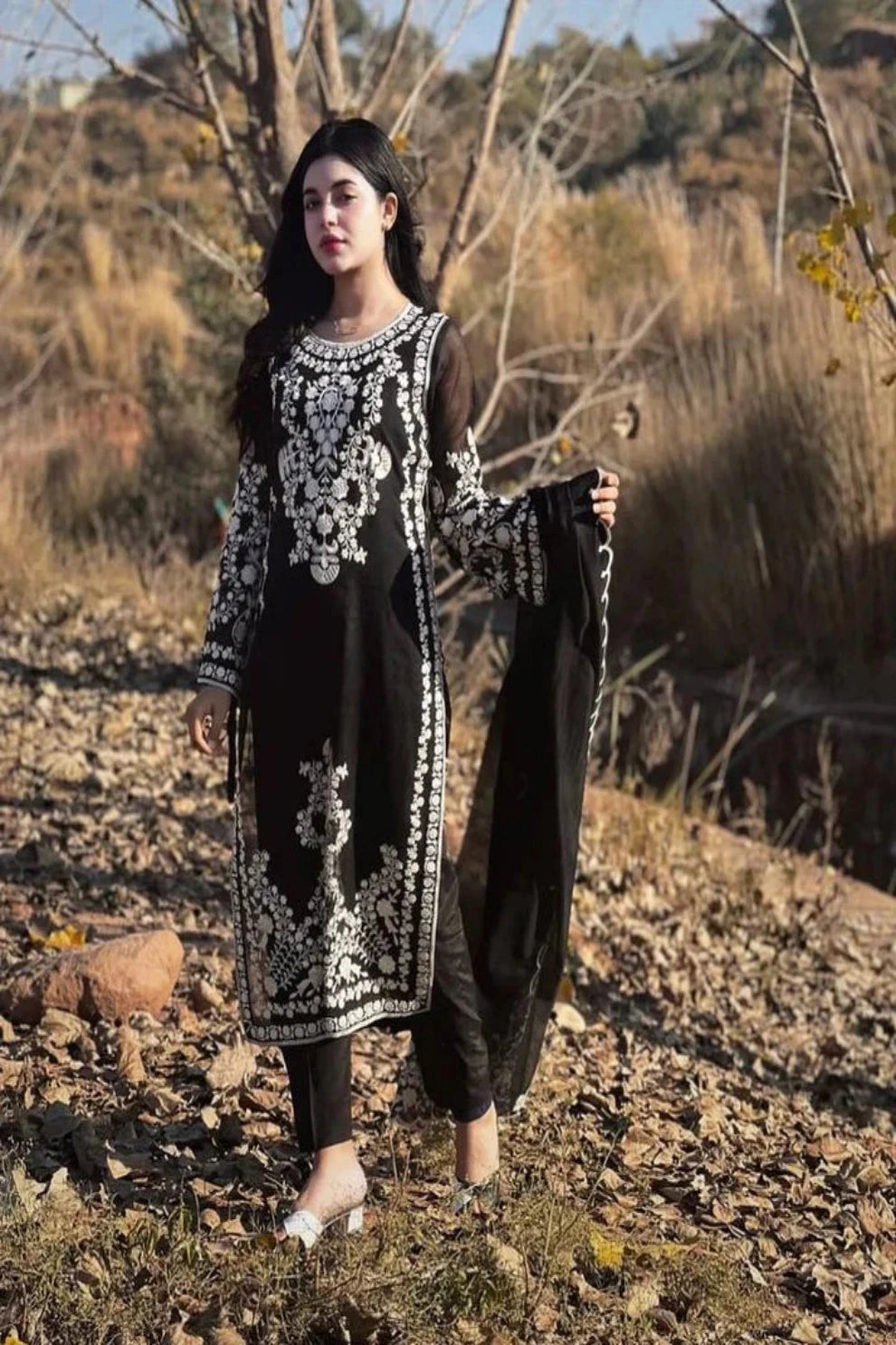 JAZMIN- DHANAK 3PC EMBROIDERED SHIRT WITH DHANAK EMBROIDERED SHAWL WITH TROUSER -ADR-3228-Black