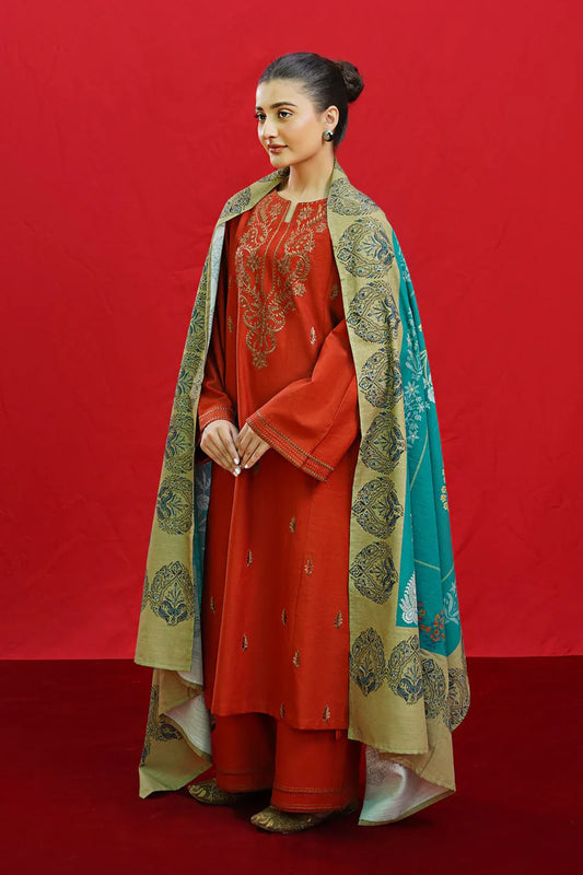URGE-3PC DHANAK EMBROIDERED SHIRT WITH COUTURE PRINTED SHAWL & EMB TROUSER-ADR-3354