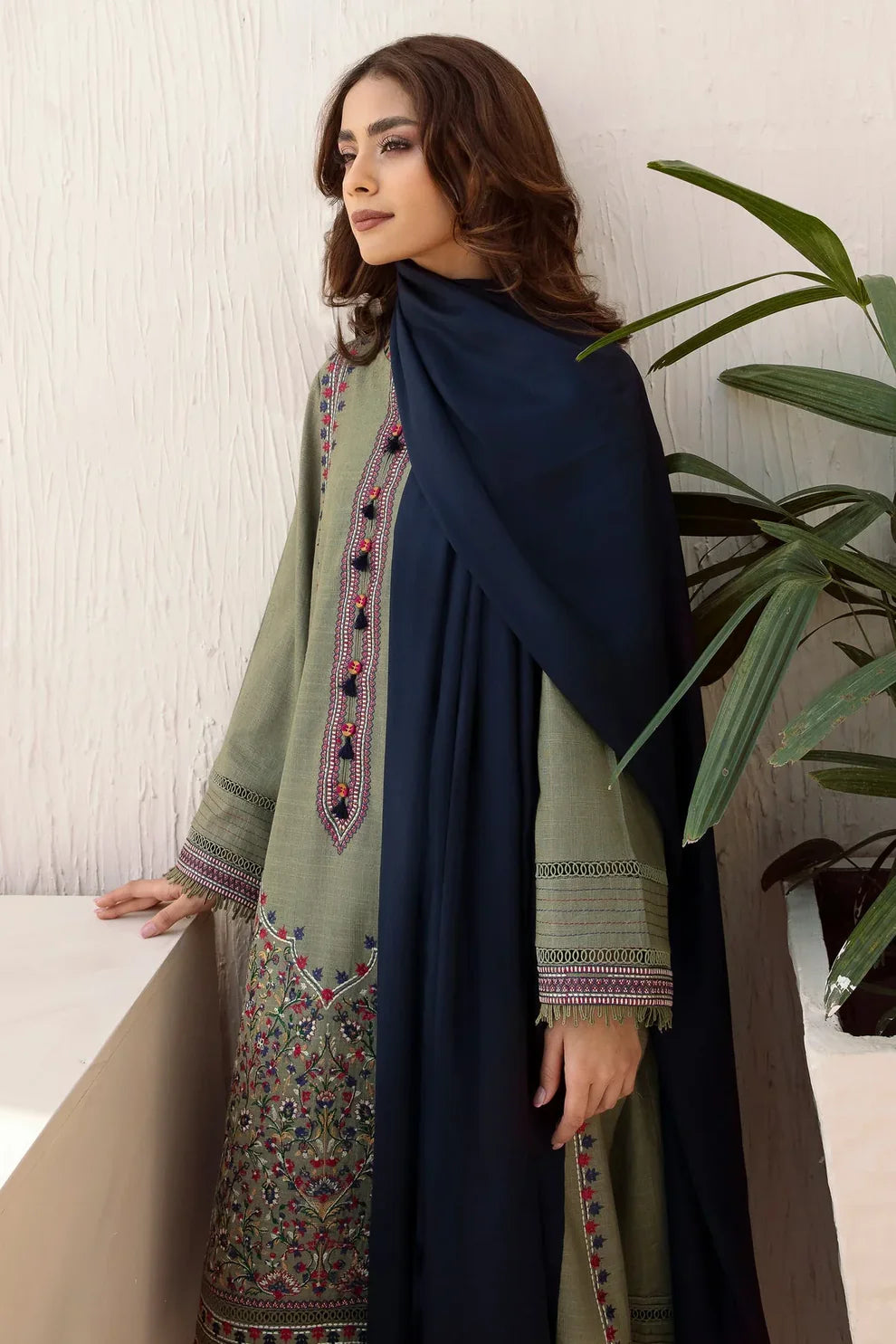 JAZMIN - 3PC DHANAK EMBROIDERED SHIRT WITH DHANAK SHAWL AND TROUSER -ADR-3251