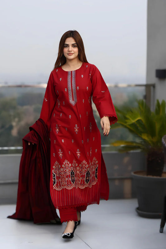 ADORE-3PC KHADDAR CUTWORK EMBROIDERED SHIRT WITH KASHMIRI JACQUARD WOOL SHAWL-ADR-1513