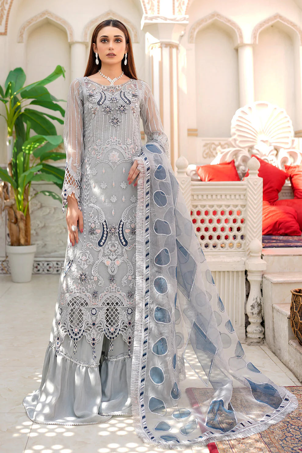 MARYAM-ORGANZA HANDMADE EMBROIDERED ORGANZA DAMAN WITH PEARL WITH ORGANZA HANDMADE EMBROIDERED READY TO WEAR DUPATTA WITH TROUSER-ADR-3425