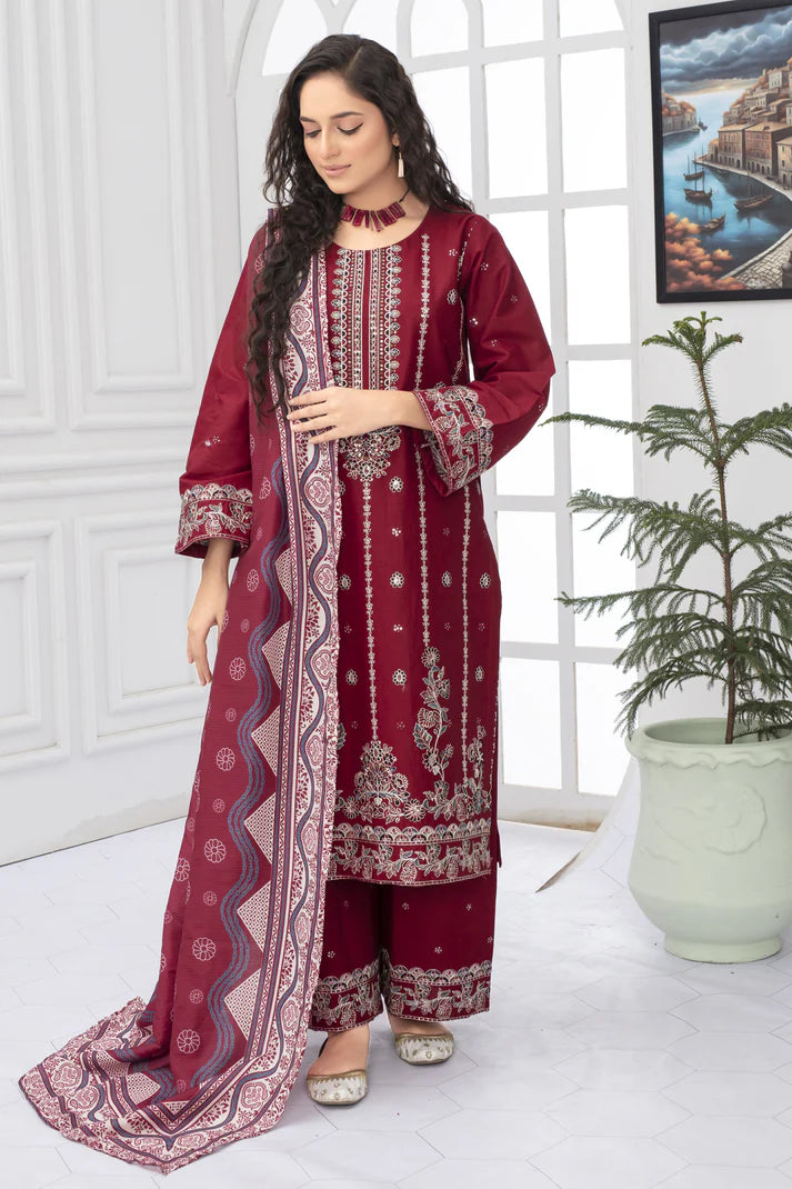 ADR -WINTER COTTON 3PC EMBROIDERED SHIRT WITH DORIA PRINTED SHAWL-ADR-2008