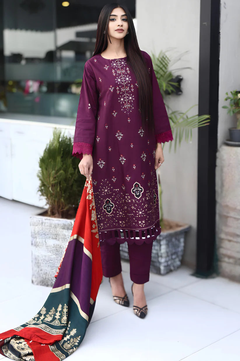 ADR-3PC DHANAK CUTWORK EMBROIDERED SHIRT WITH KASHMIRI JACQUARD WOOL SHAWL-ADR-1515