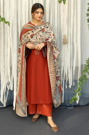 URGE - 3PC DHANAK EMBROIDERED SHIRT WITH COUTURE WOOL PRINT SHAWL AND TROUSER-ADR-2692