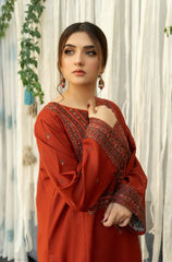 URGE-3PC DHANAK EMBROIDERED SHIRT WITH COURTRAI PRINTED SHAWL AND TROUSER-ADR-4136