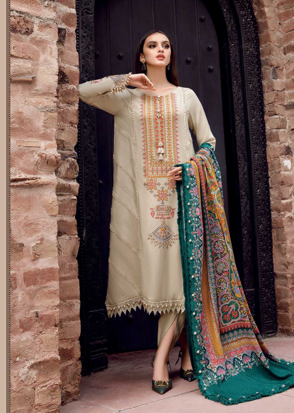 MARIA B -SHIRT WITH COUTURE WOOL PRINTED SHAWL AND TROUSER-ADR-3109