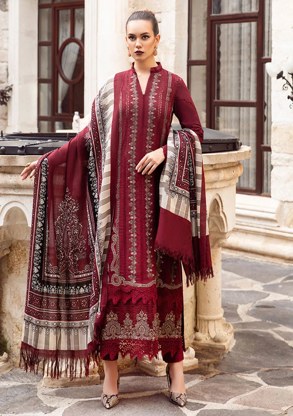 MARIA B - 3PC DHANAK EMBROIDERED SHIRT WITH COUTURE WOOL PRINT SHAWL AND DHANAK TROUSER-ADR-4043