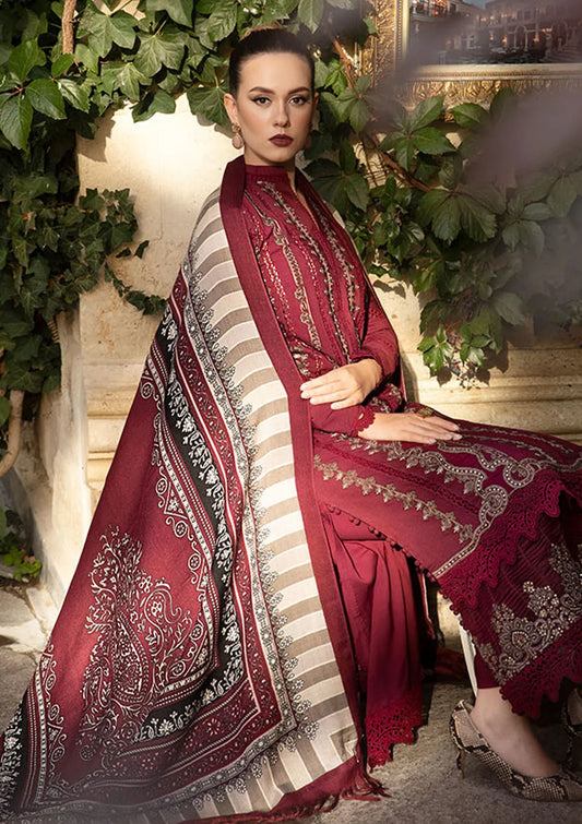 MARIA B - 3PC DHANAK EMBROIDERED SHIRT WITH COUTURE WOOL PRINT SHAWL AND DHANAK TROUSER-ADR-4043