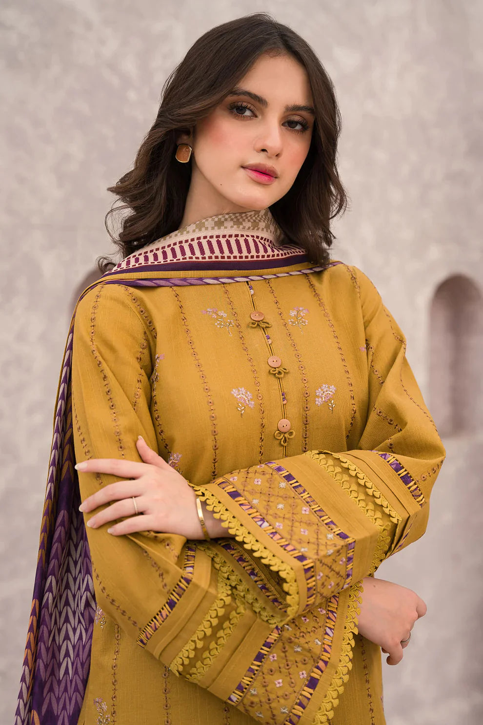 JAZMIN 3PC DHANAK EMBROIDERED WITH COUTURE WOOL PRINT SHAWL -3122