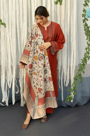 URGE - 3PC DHANAK EMBROIDERED SHIRT WITH COUTURE WOOL PRINT SHAWL AND TROUSER-ADR-2692