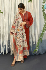 URGE-3PC DHANAK EMBROIDERED SHIRT WITH COURTRAI PRINTED SHAWL AND TROUSER-ADR-4136