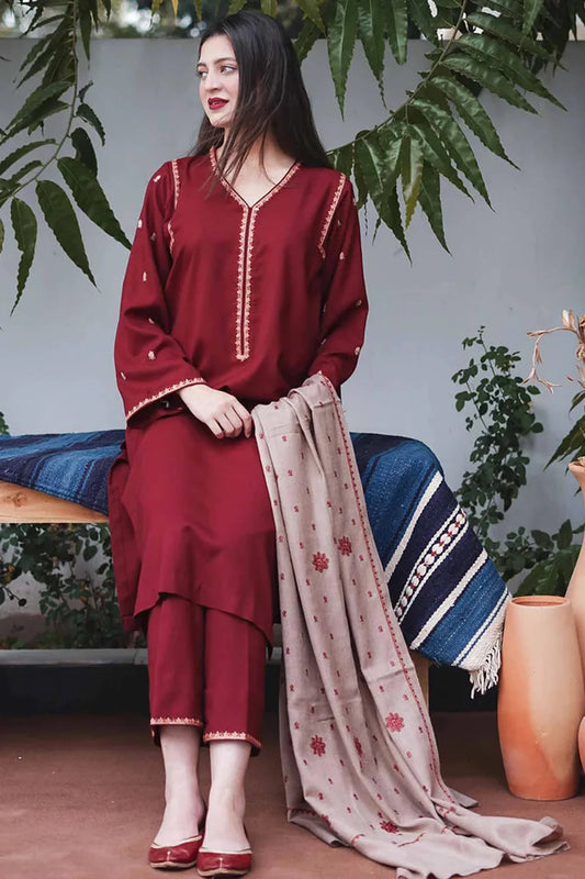 AiSLING-3PC DHANAK EMBROIDERED SHIRT DHANAK EMBROIDERED SHAWL AND EMB TROUSER-ADR-4237