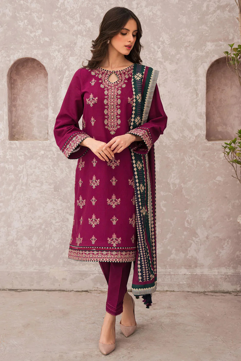 JAZMIN 3PC DHANAK EMBROIDERED WITH COUTURE WOOL PRINT SHAWL-ADR-3200